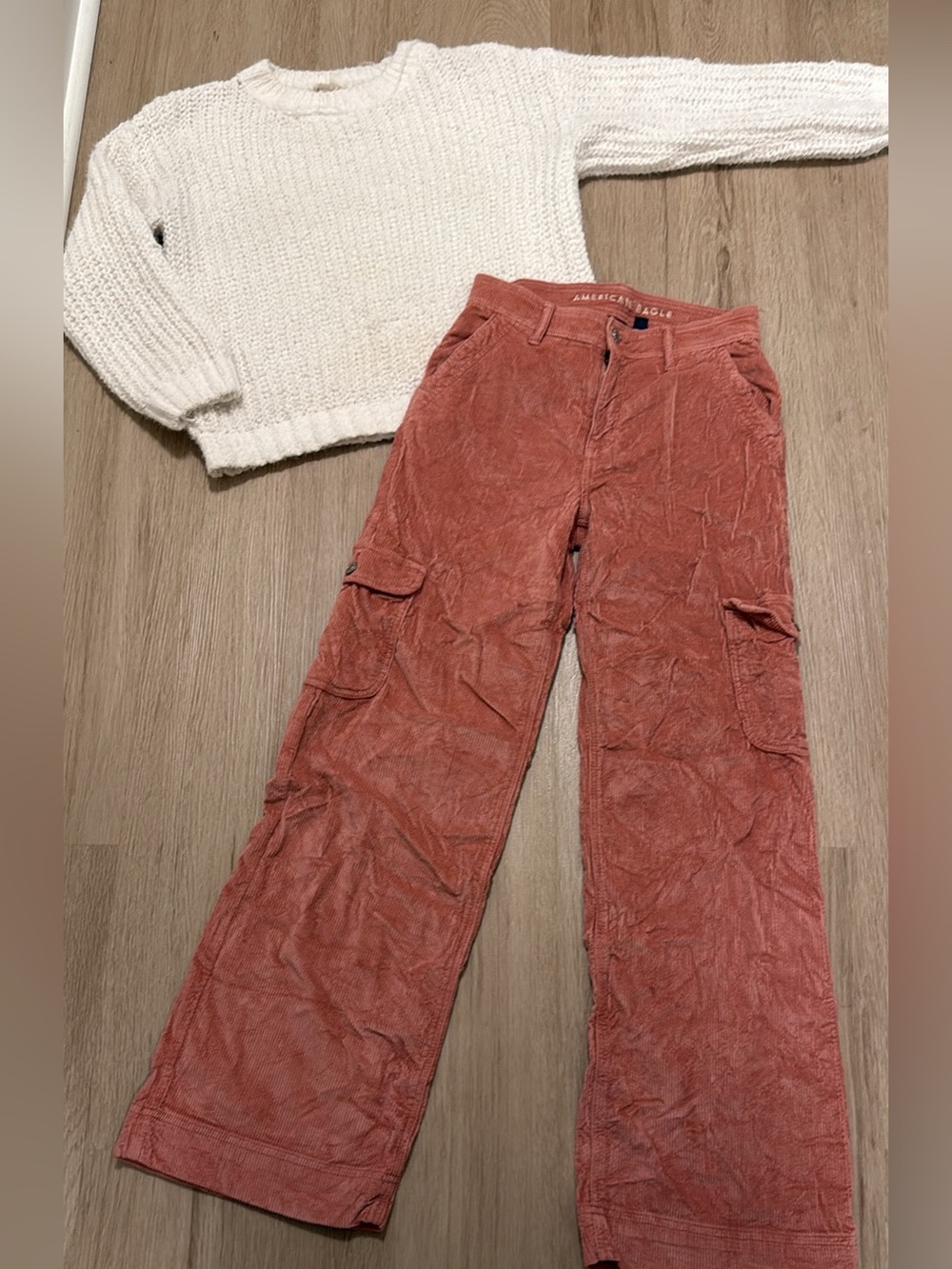 American Eagle Outfitters Corduroy Wide Leg Cargo Pants and Cream Knit Sweater